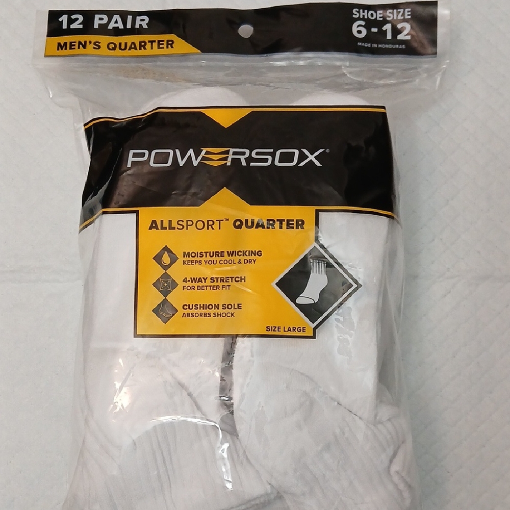 PowerSox All Sport Quarter Socks, 12 Pk, White, NWT